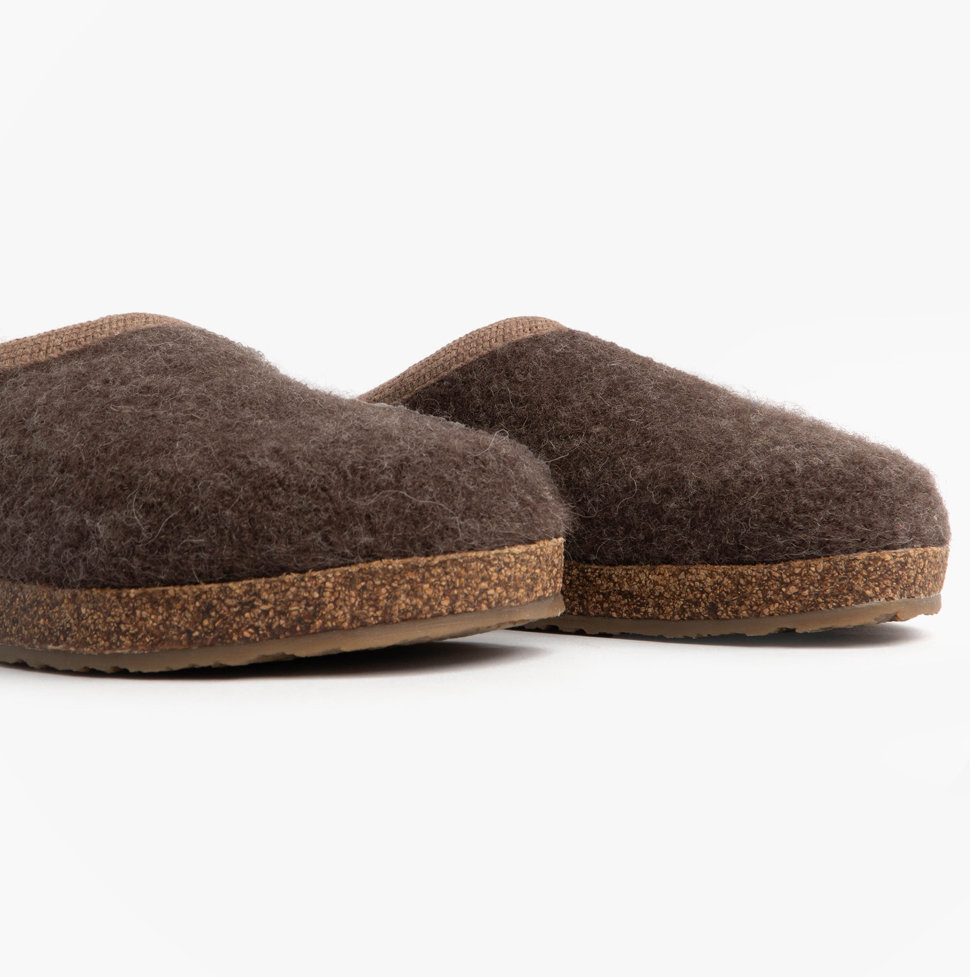 Haflinger PANDA Womens Felt Clogs Brown side view showing textile upper and rubber cork sole.