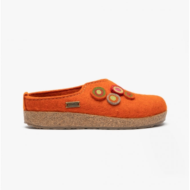 Haflinger KANON Womens Felt Wide Fit Mule Slippers Rust side view showcasing colorful felt decorations and cork sole.