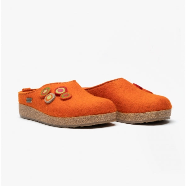 Haflinger KANON Womens Felt Wide Fit Mule Slippers Rust side view showcasing orange felt design and colorful decorations.
