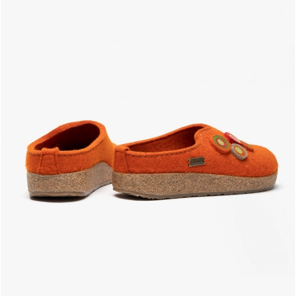 Haflinger KANON Womens Felt Wide Fit Mule Slippers Rust side view showing orange felt upper and round toe design