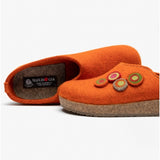 Haflinger KANON Womens Felt Wide Fit Mule Slippers Rust side view showing colorful felt embellishments and rubber sole.