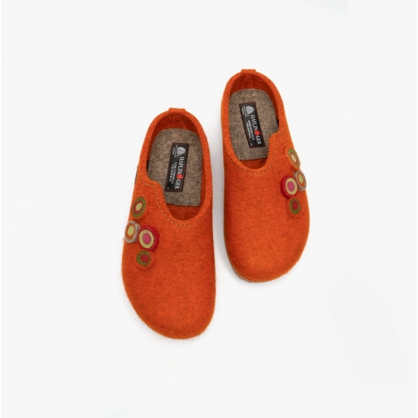 Haflinger KANON Womens Felt Wide Fit Mule Slippers Rust top view showcasing orange felt material and decorative buttons.