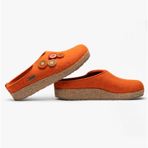 Haflinger KANON Womens Felt Wide Fit Mule Slippers Rust side view showing felt upper and round toe design.
