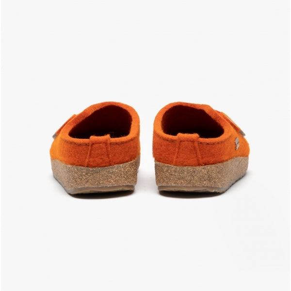 Haflinger KANON Womens Felt Wide Fit Mule Slippers Rust back view showcasing slip-on design and round toe shape.