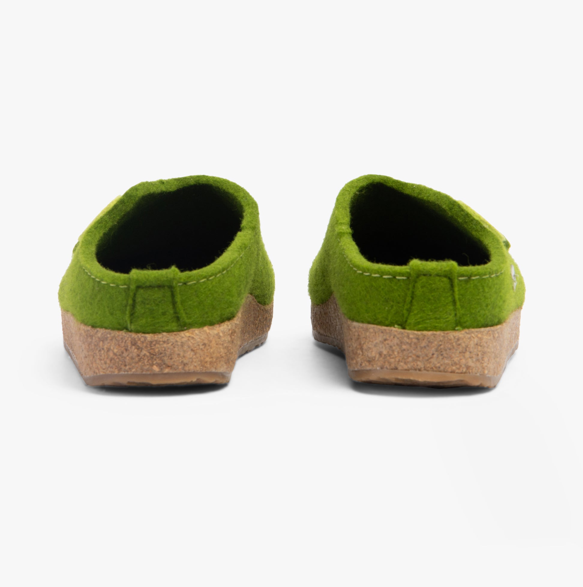 Haflinger KANON Womens Slippers Green back view showcasing the felt upper and rubber sole.