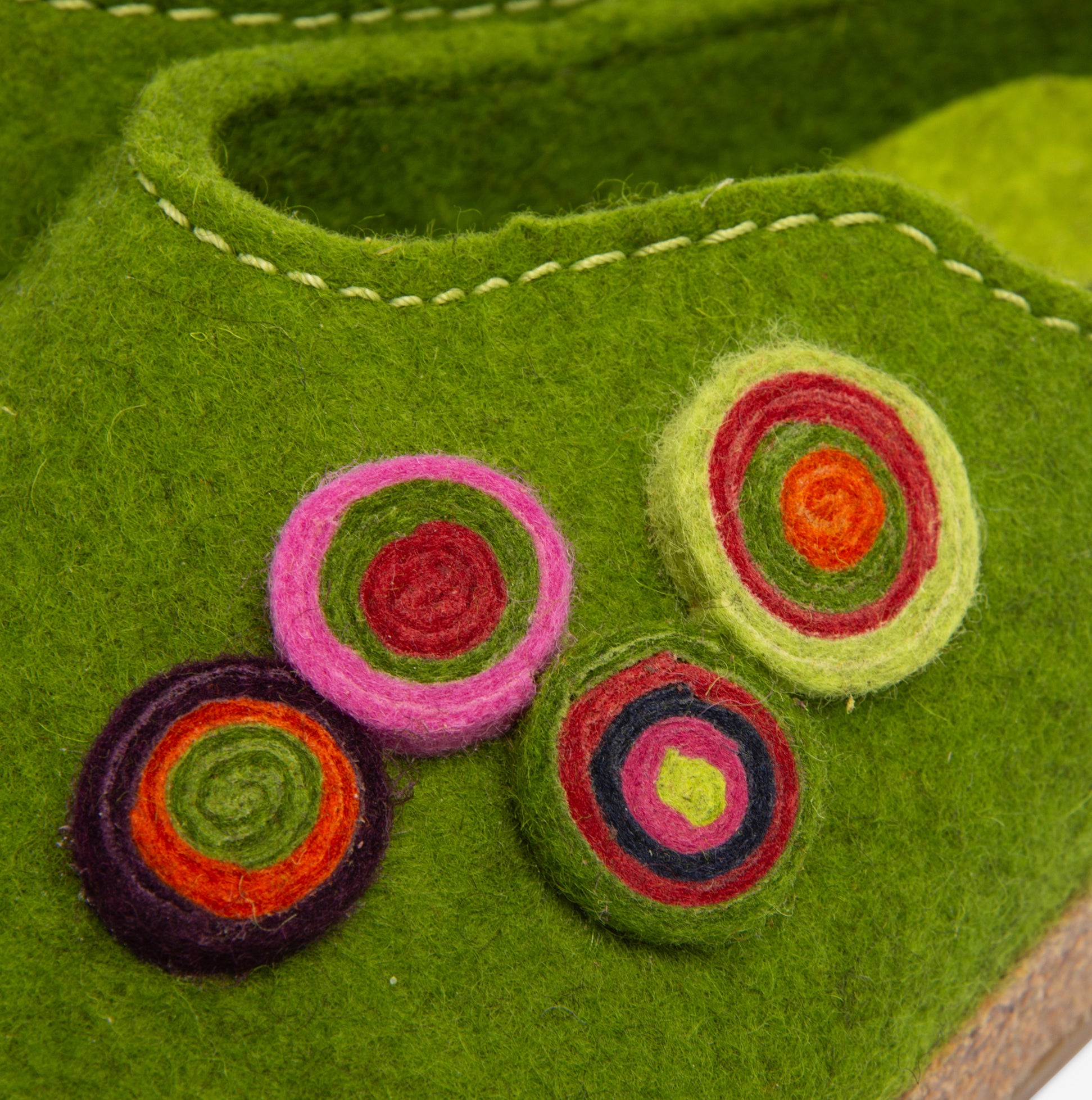 Haflinger KANON Womens Slippers Green detail view showcasing colorful felt embellishments.