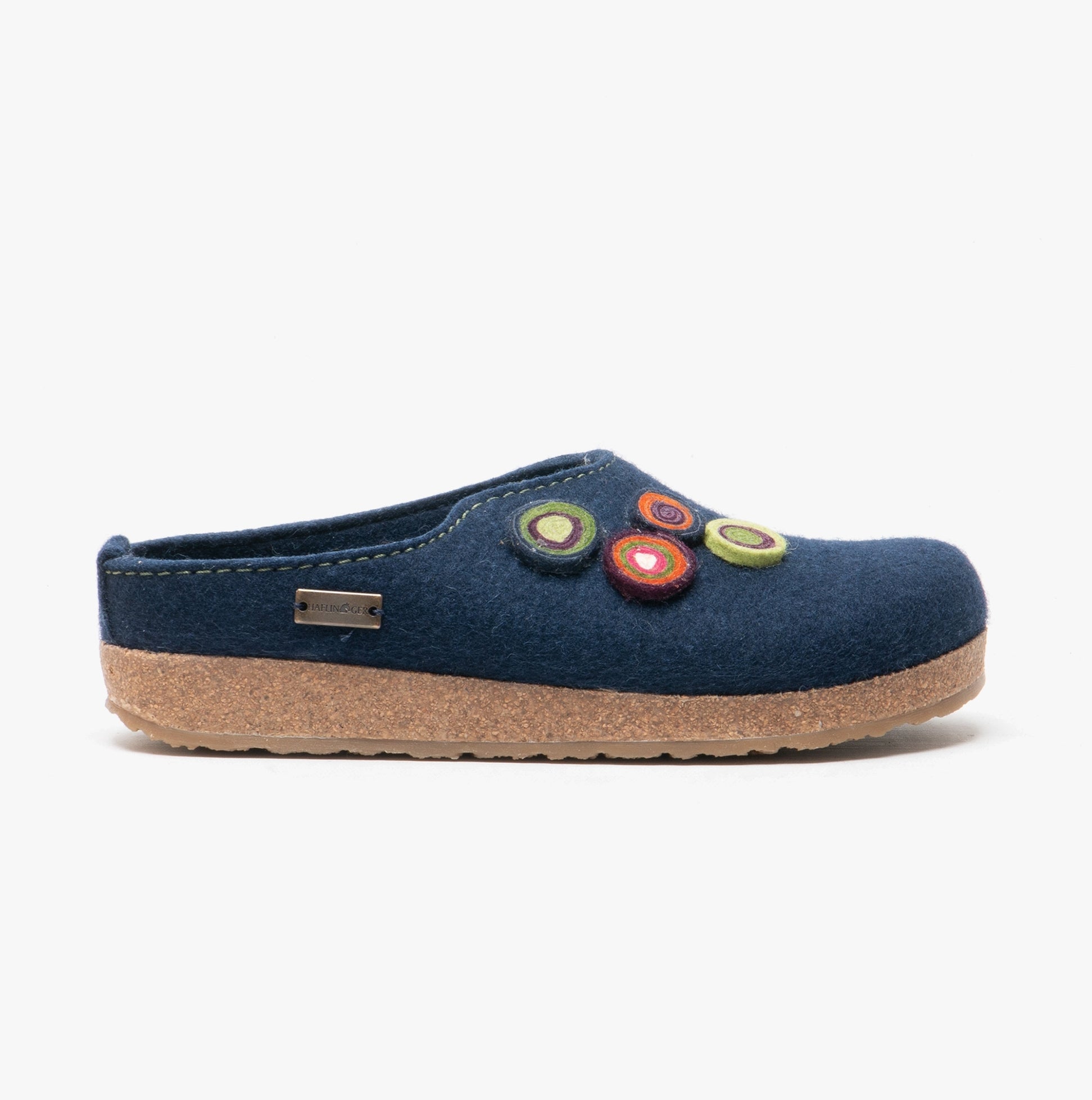 Haflinger KANON Womens Felt Wide Fit Mule Slippers Denim Blue side view with colorful felt accents