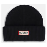 Hunter FACHFIN BEANIE Black front view showcasing ribbed wool texture and embroidered logo.