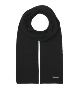 Jack & Jones DNA Mens Hat & Scarf Black detailed view of black scarf with logo.