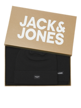 Jack & Jones DNA Mens Hat & Scarf Black in gift box, showcasing black beanie and scarf set.