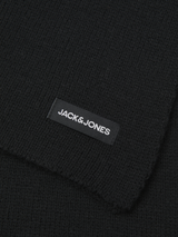 Detail view of Jack & Jones DNA Mens Hat & Scarf Black showcasing woven tag.