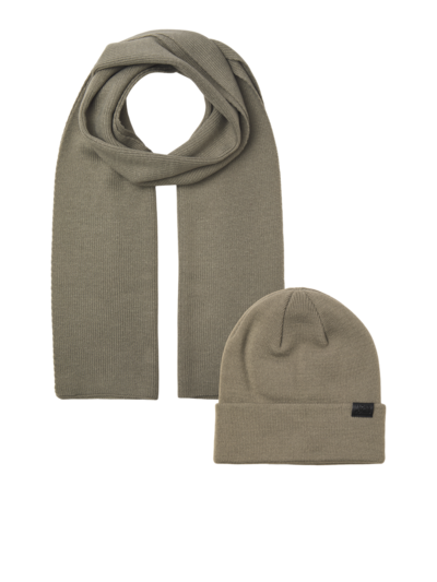 Jack & Jones JOLLY KNIT Mens Scarf & Beanie Giftset Overland Trek in soft grey color, displayed flat, showcasing scarf and beanie.