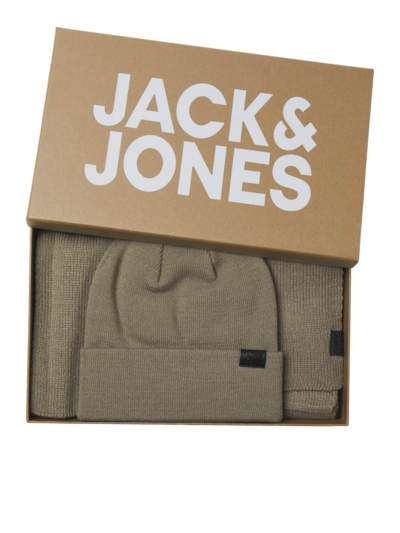 Jack & Jones JOLLY KNIT Mens Scarf & Beanie Giftset Overland Trek front view in gift box, showcasing beige beanie and scarf.