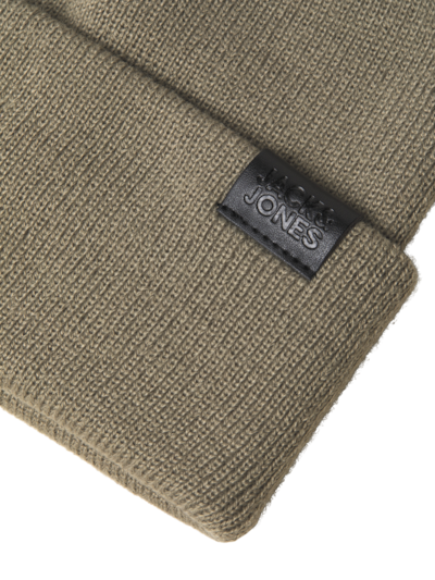 Jack & Jones JOLLY KNIT Mens Scarf & Beanie Giftset Overland Trek detailed view of beanie showing fabric and logo.