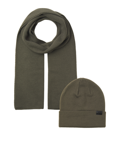 Jack & Jones JOLLY KNIT Mens Scarf & Beanie Giftset Sea Turtle front view with scarf and beanie in earthy green color.