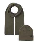 Jack & Jones JOLLY KNIT Mens Scarf & Beanie Giftset Sea Turtle front view with scarf and beanie in earthy green color.