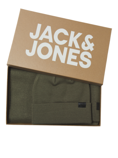 Jack & Jones JOLLY KNIT Mens Scarf & Beanie Giftset Sea Turtle front view in gift box with logo visible.