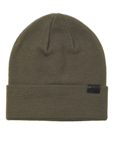Jack & Jones JOLLY KNIT Mens Scarf & Beanie Giftset Sea Turtle, top view of olive green beanie, showcasing knit texture and logo.