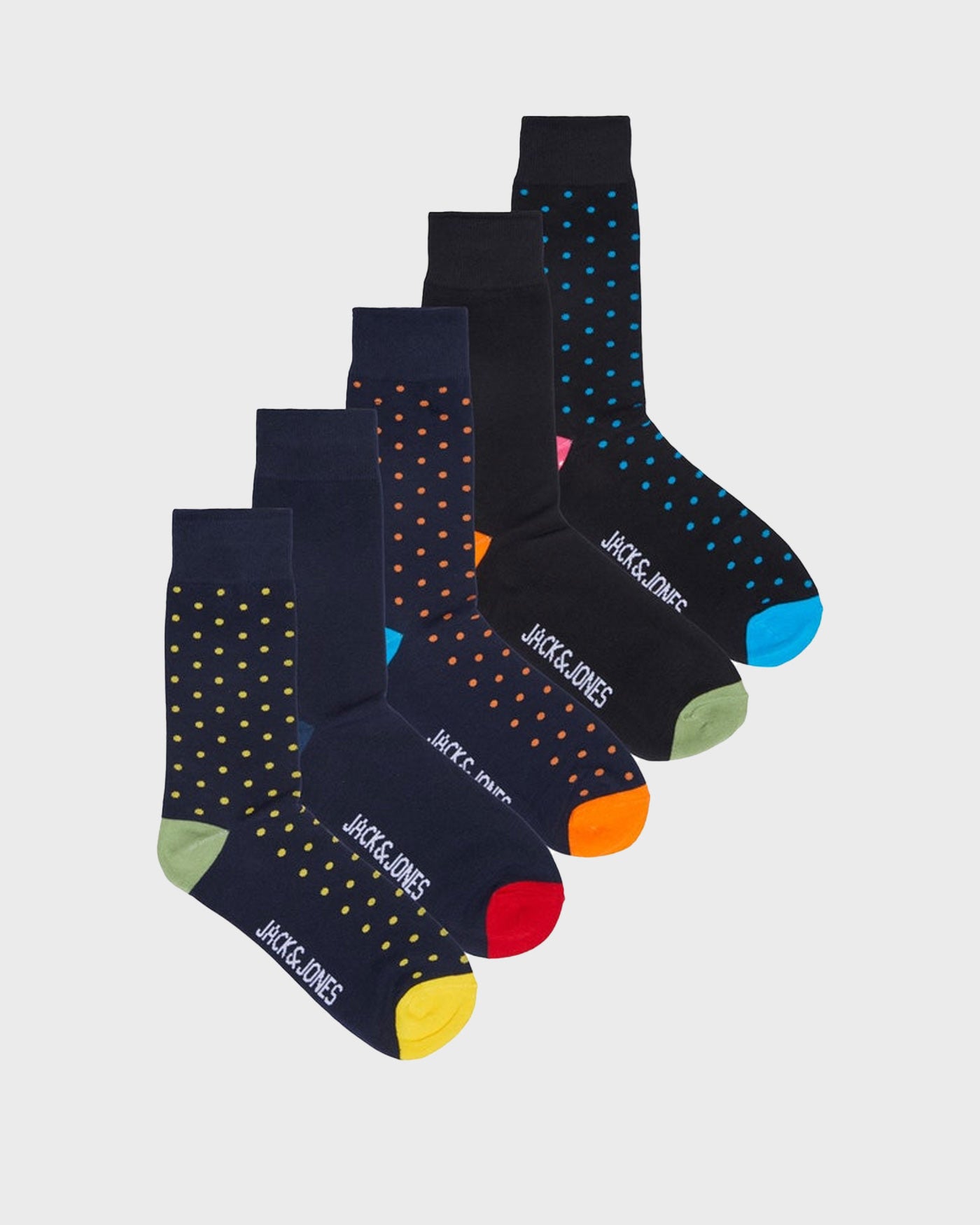 Jack & Jones COLOURFUL Mens Socks Multicoloured, front view of 5 pack, featuring polka dots and vibrant colored accents.