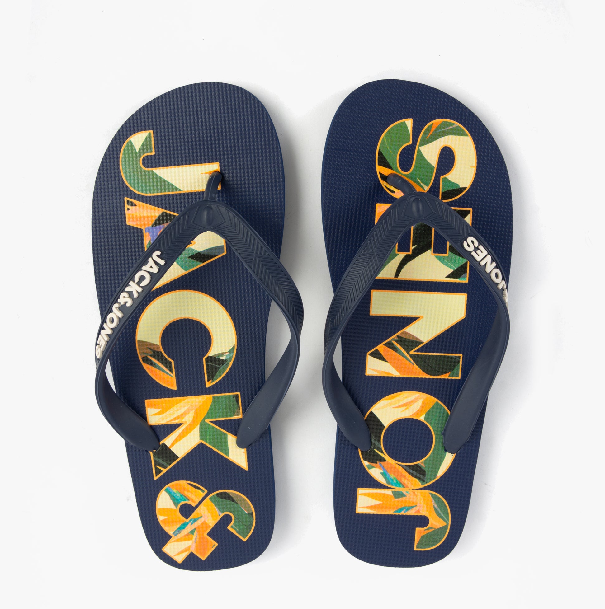 Jack & Jones LOGO PALM PRINT Mens Flip-Flops Medieval Blue top view showcasing vibrant logo and design