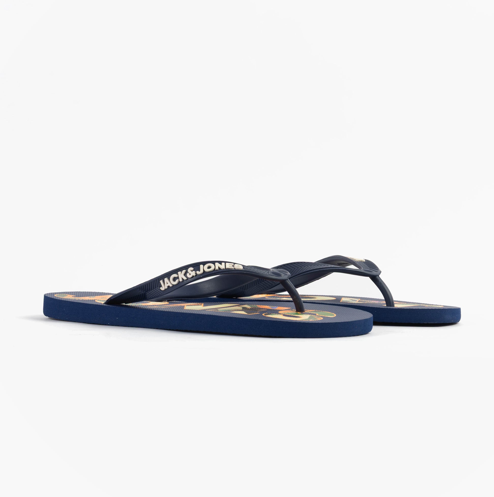 Jack & Jones LOGO PALM PRINT Mens Flip-Flops Medieval Blue side view showcasing logo and palm print design.