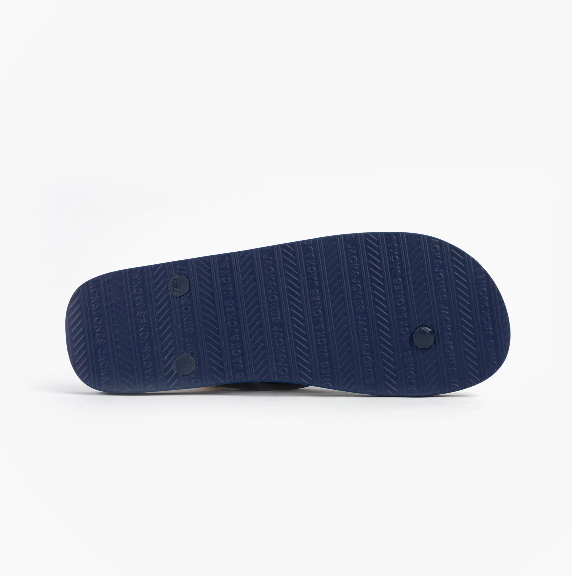 Jack & Jones LOGO PALM PRINT Mens Flip-Flops Medieval Blue bottom view showcasing the sole design and texture.
