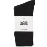 Jack & Jones RAFAEL Mens Socks Black front view showing a 3-pack of black crew socks with packaging.