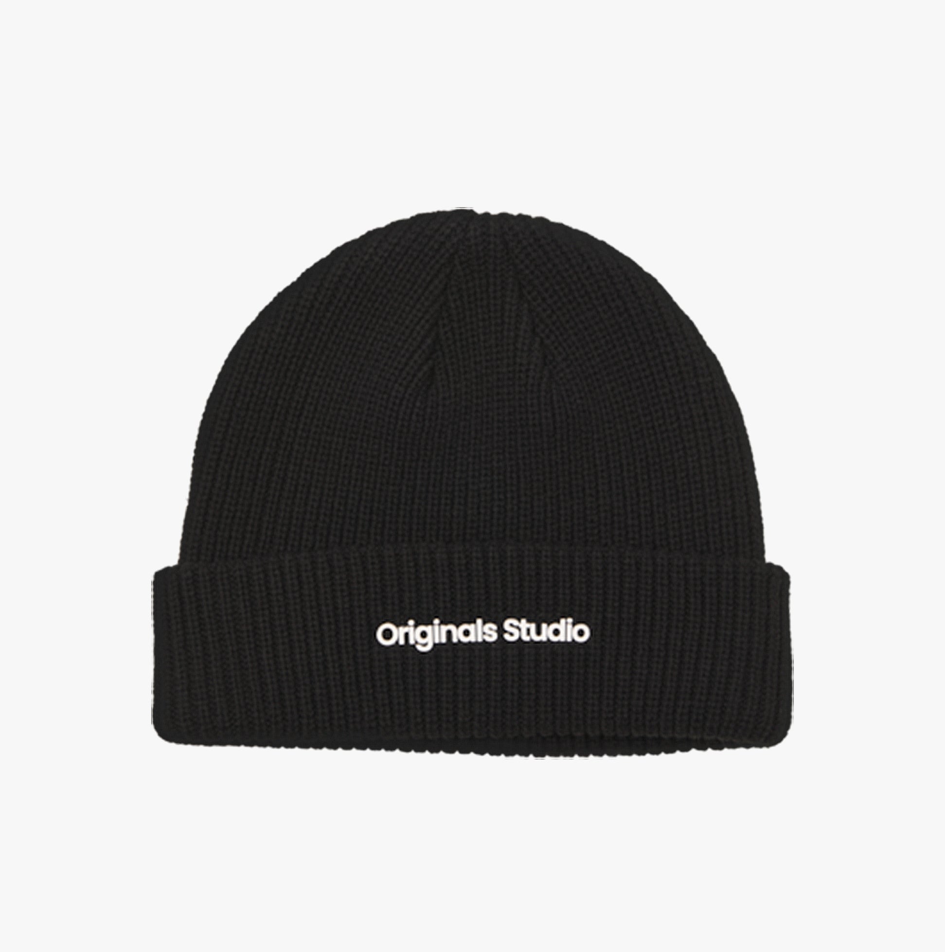 Jack & Jones VESTERBRO Mens Beanie Black front view, comfortable cotton material, stylish black color.