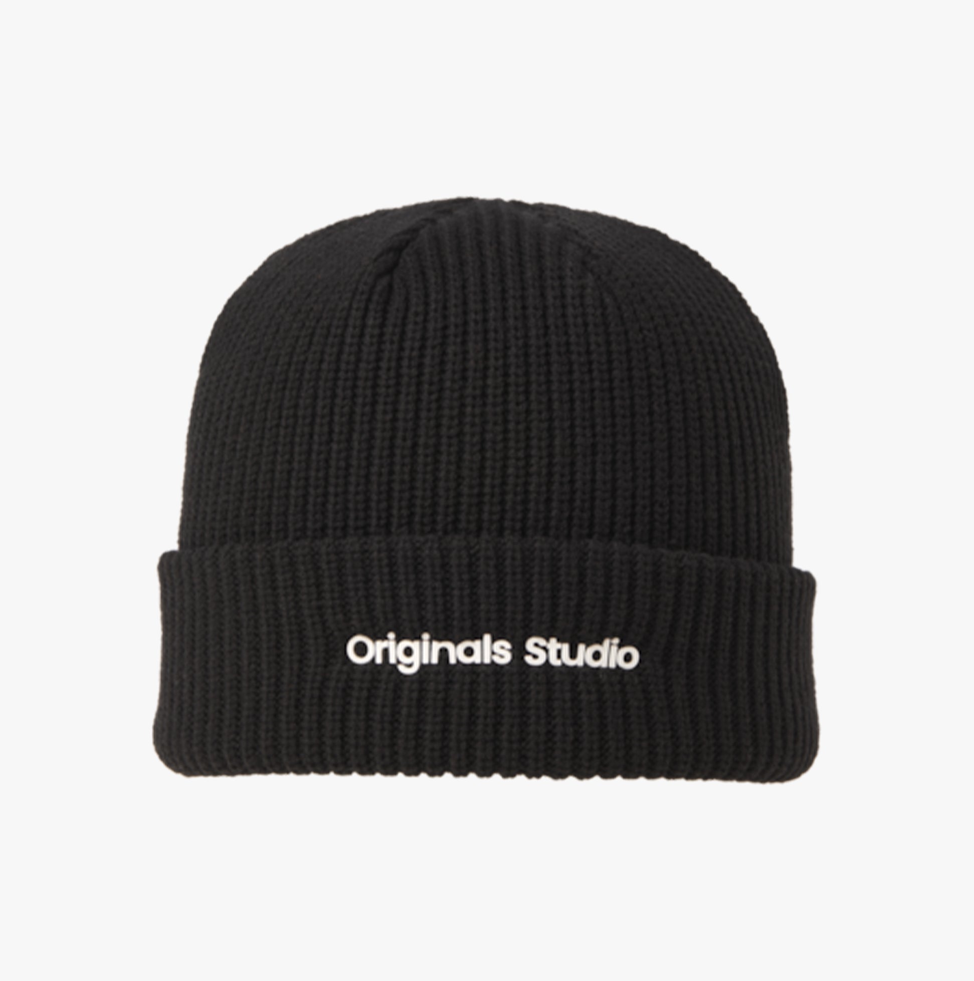 Jack & Jones VESTERBRO Mens Beanie Black front view showcasing ribbed texture.