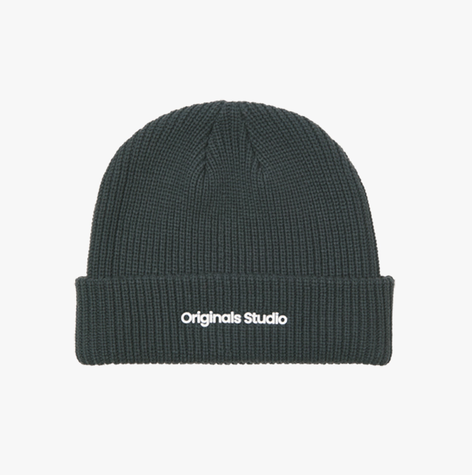 Jack & Jones VESTERBRO Mens Beanie Forest River, front view, dark green, ribbed knit with logo.