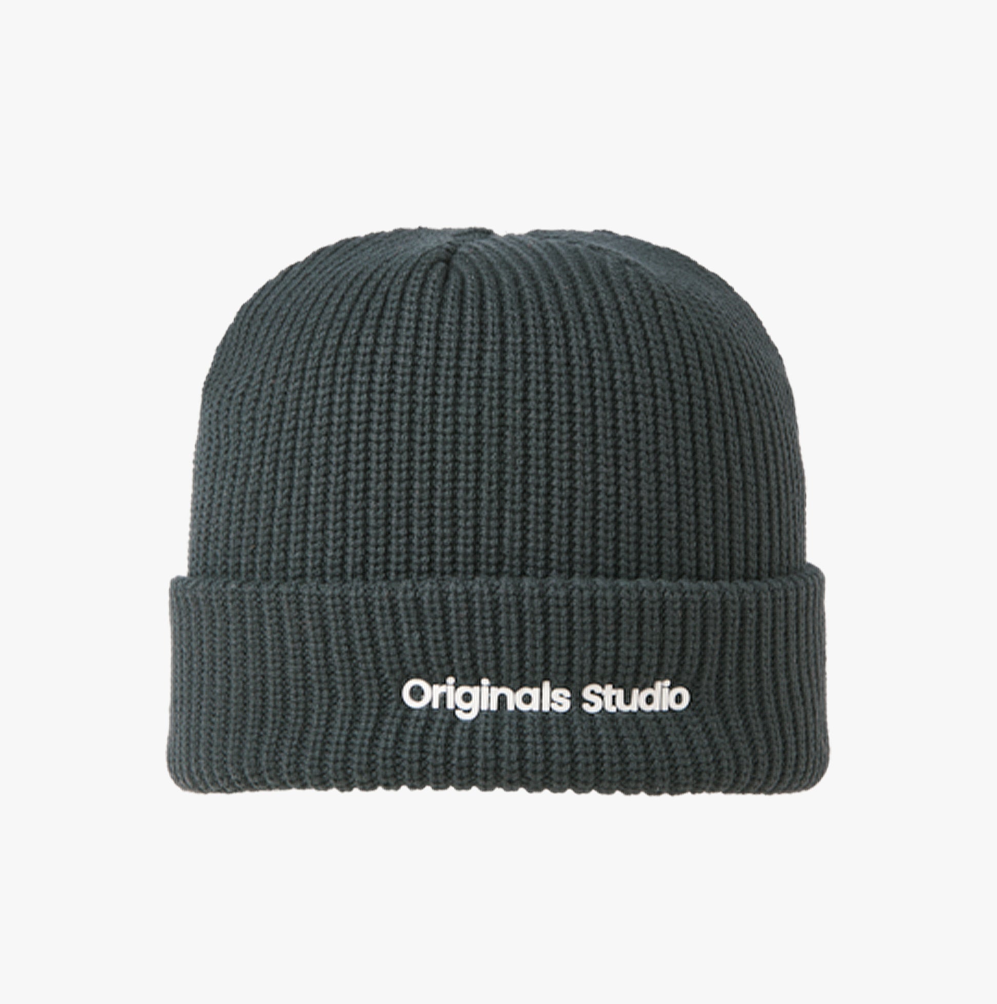 Jack & Jones VESTERBRO Mens Beanie Forest River front view, dark green knit fabric with logo detail.