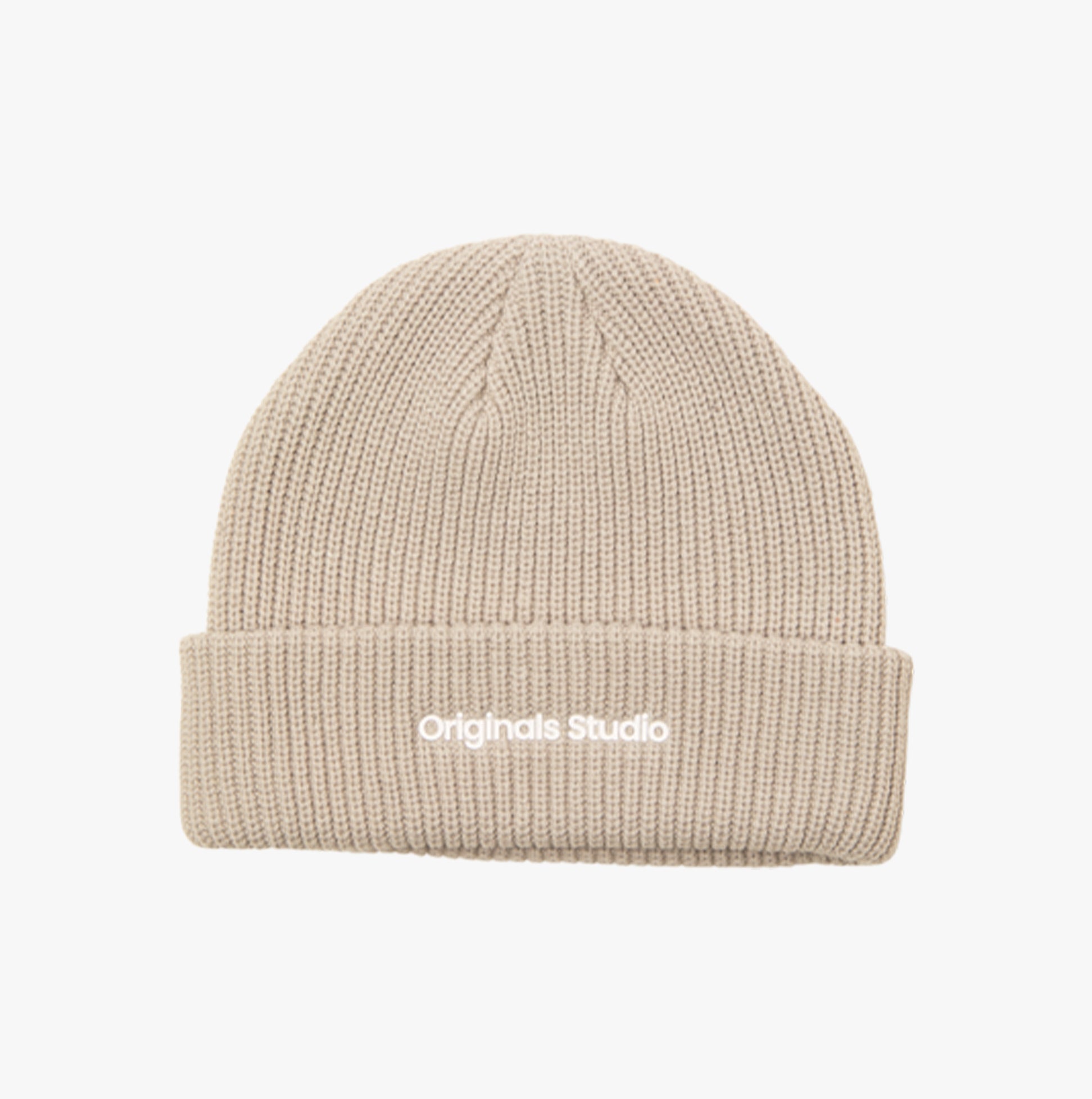 Jack & Jones VESTERBRO Mens Beanie Moonbeam front view showcasing a stylish and comfortable cotton design.