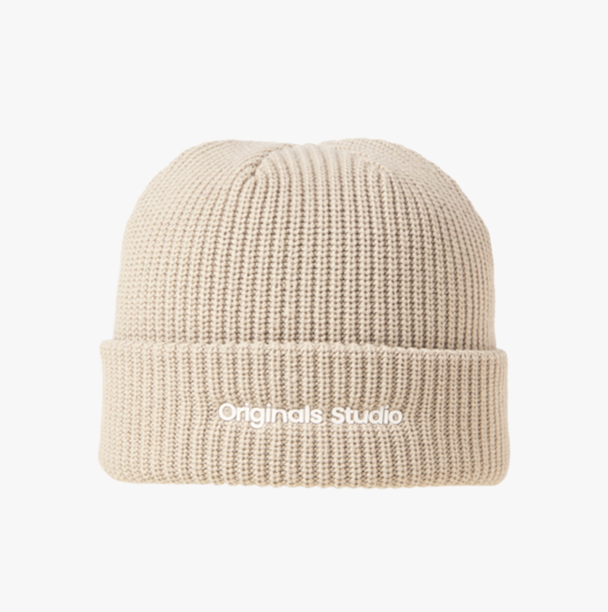 Jack & Jones VESTERBRO Mens Beanie Moonbeam front view, comfortable cotton beanie in beige.