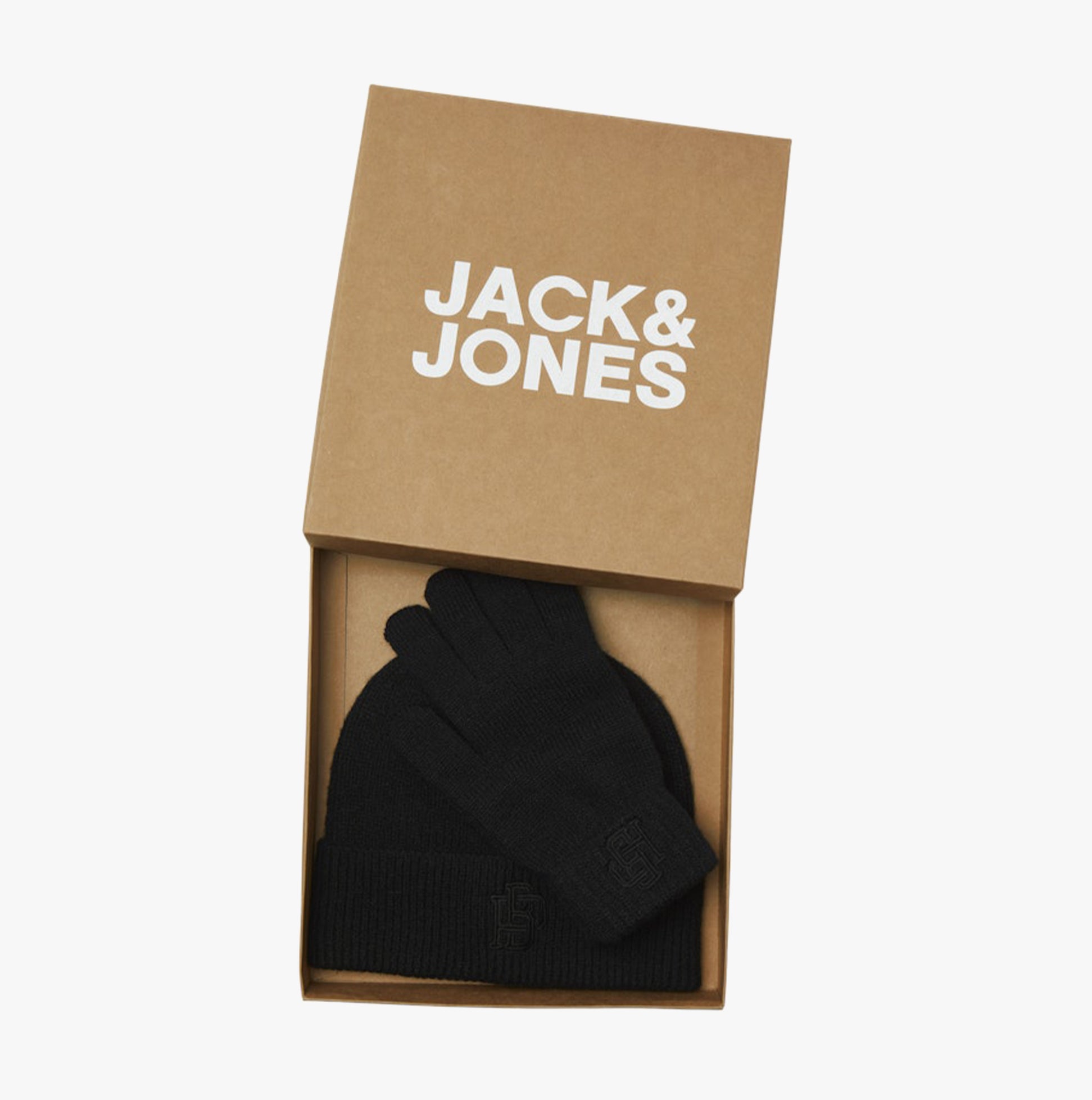 Jack & Jones TRAIN Mens Hat & Gloves Set Black in gift box, featuring black beanie and gloves.