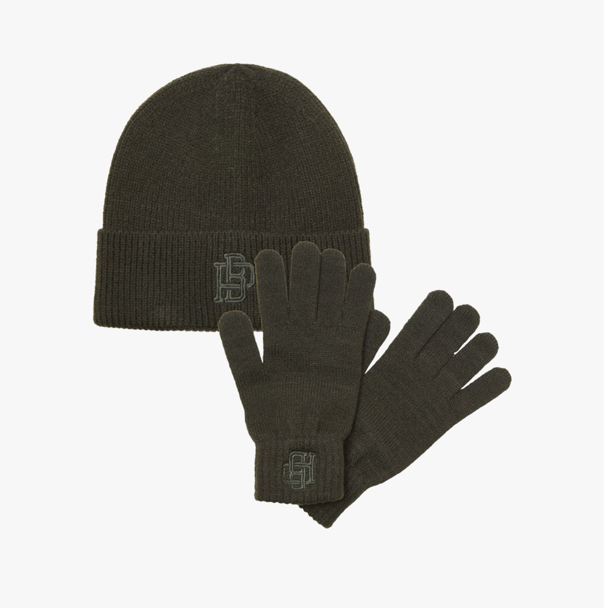 Jack & Jones TRAIN Mens Hat & Gloves Set Peat front view showing beanie and gloves in dark green color.