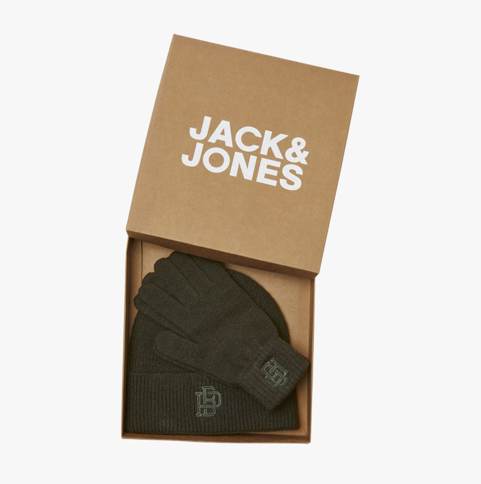 Jack & Jones TRAIN Mens Hat & Gloves Set Peat in gift box, showing beanie and gloves, top view.