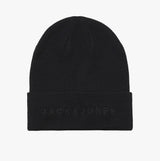 Jack & Jones GIVE Mens Beanie Black front view, featuring knitted texture and logo impression.