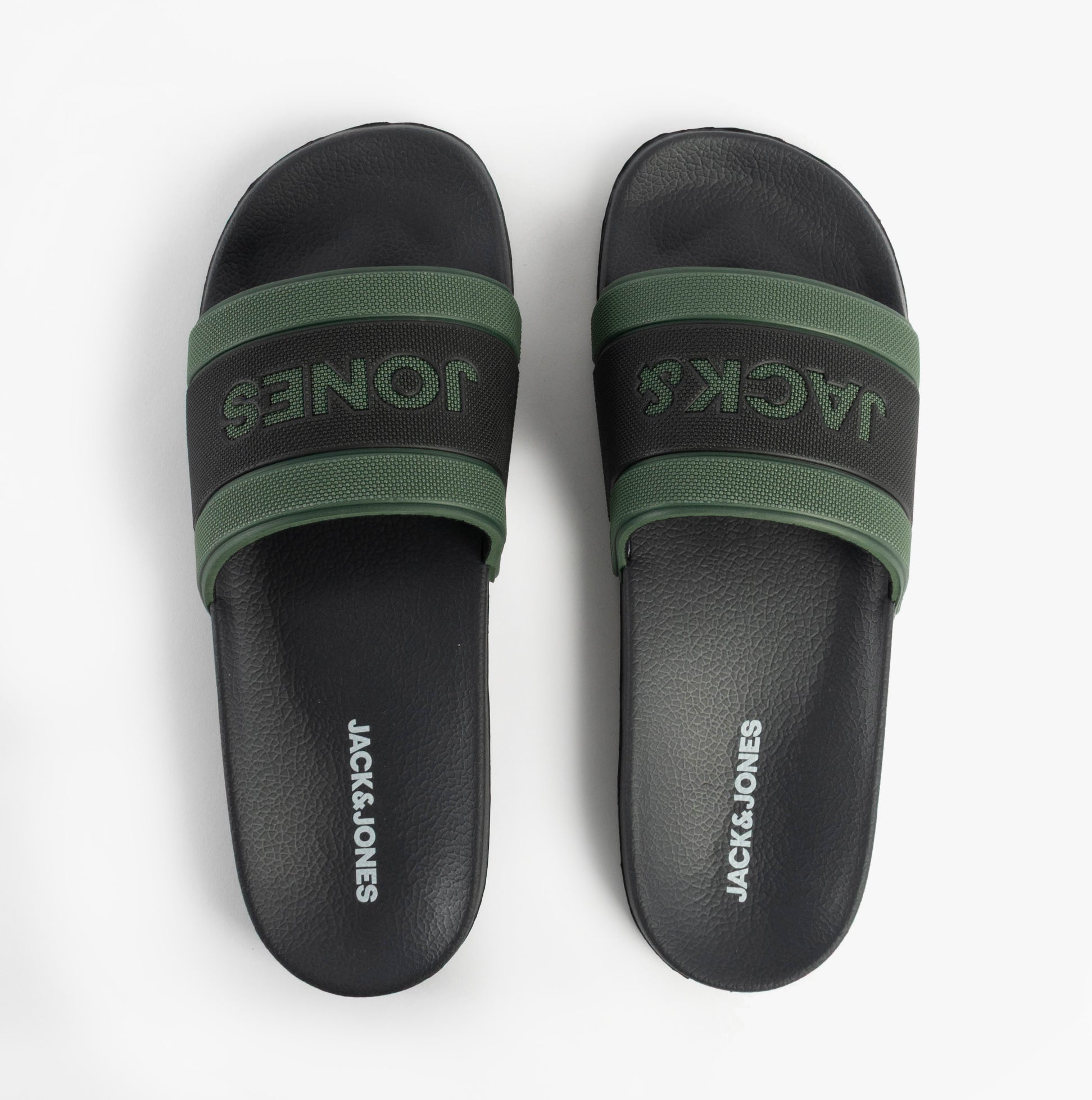 Jack & Jones JARRED Mens Sliders Anthracite top view showing black and green synthetic upper and slip-on design.