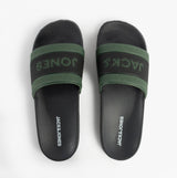 Jack & Jones JARRED Mens Sliders Anthracite top view showing black and green synthetic upper and slip-on design.