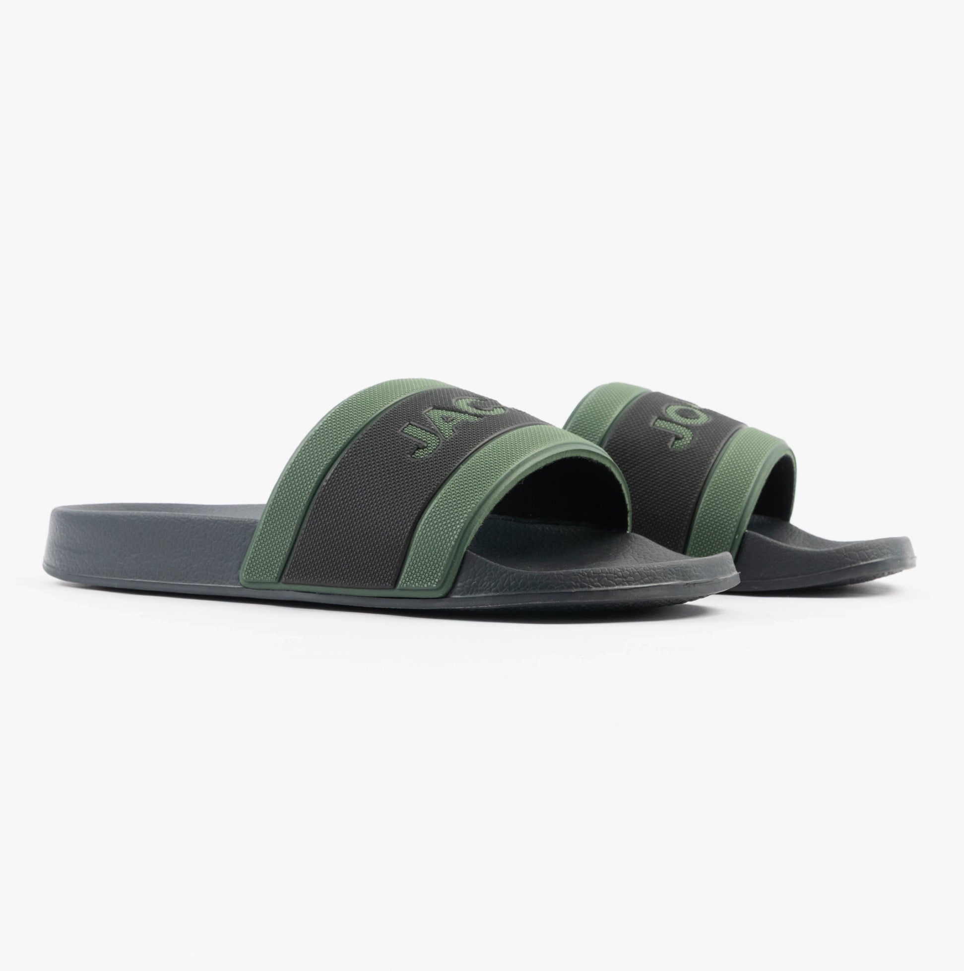 Jack & Jones JARRED Mens Sliders Anthracite side view showcasing synthetic material and slip-on design.