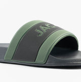 Jack & Jones JARRED Mens Sliders Anthracite side view showing green and black synthetic upper material.