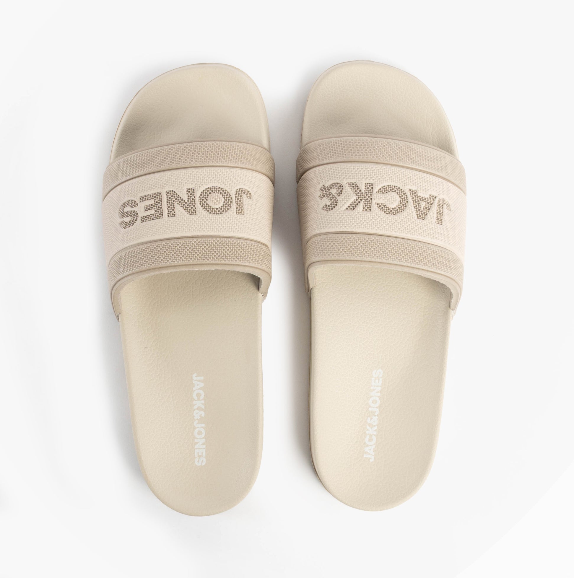 Jack & Jones JARRED Mens Sliders Moonbeam top view showcasing lightweight synthetic slip-on design.