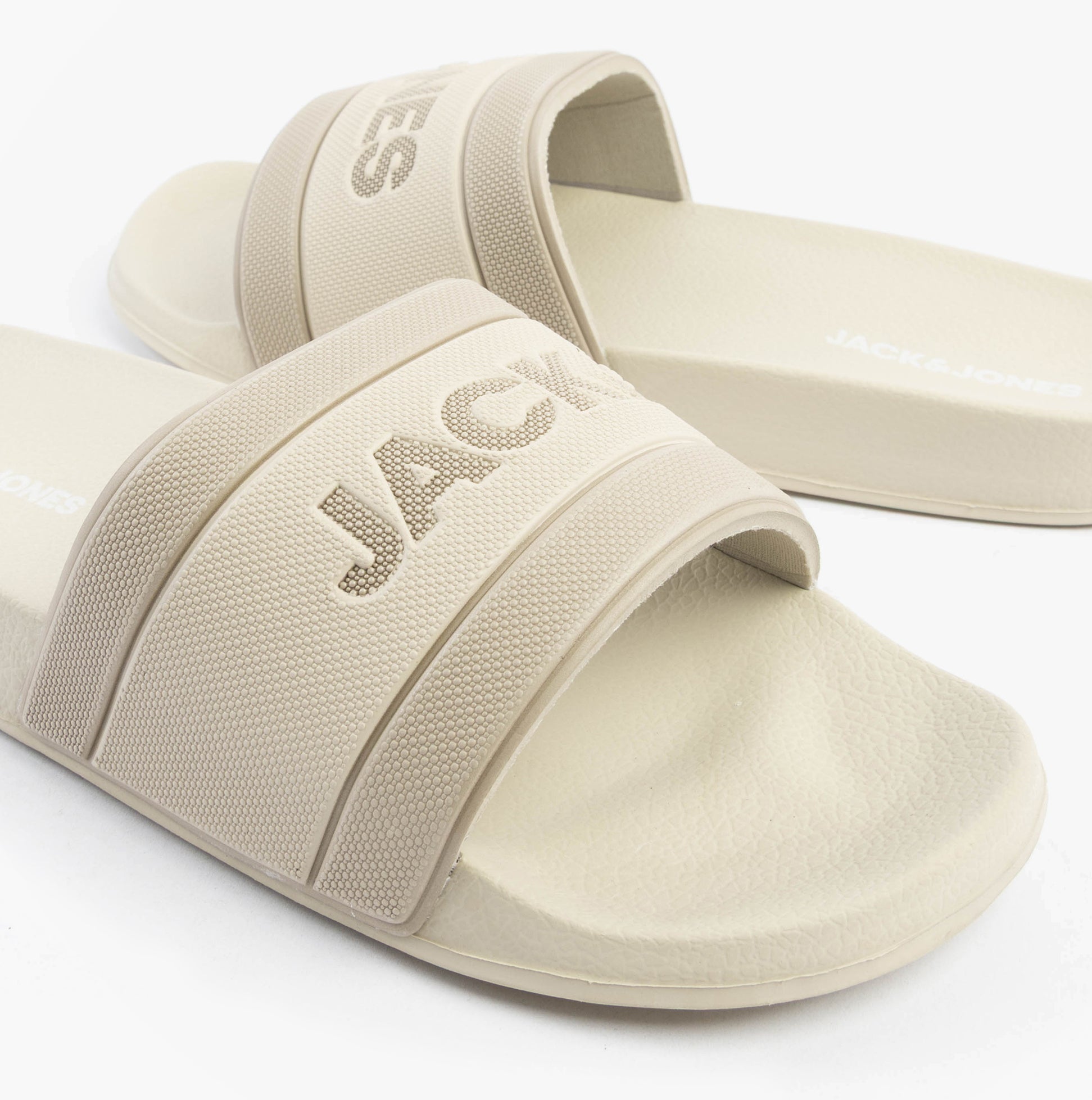 Jack & Jones JARRED Mens Sliders Moonbeam top view showcasing synthetic upper and slip-on design.