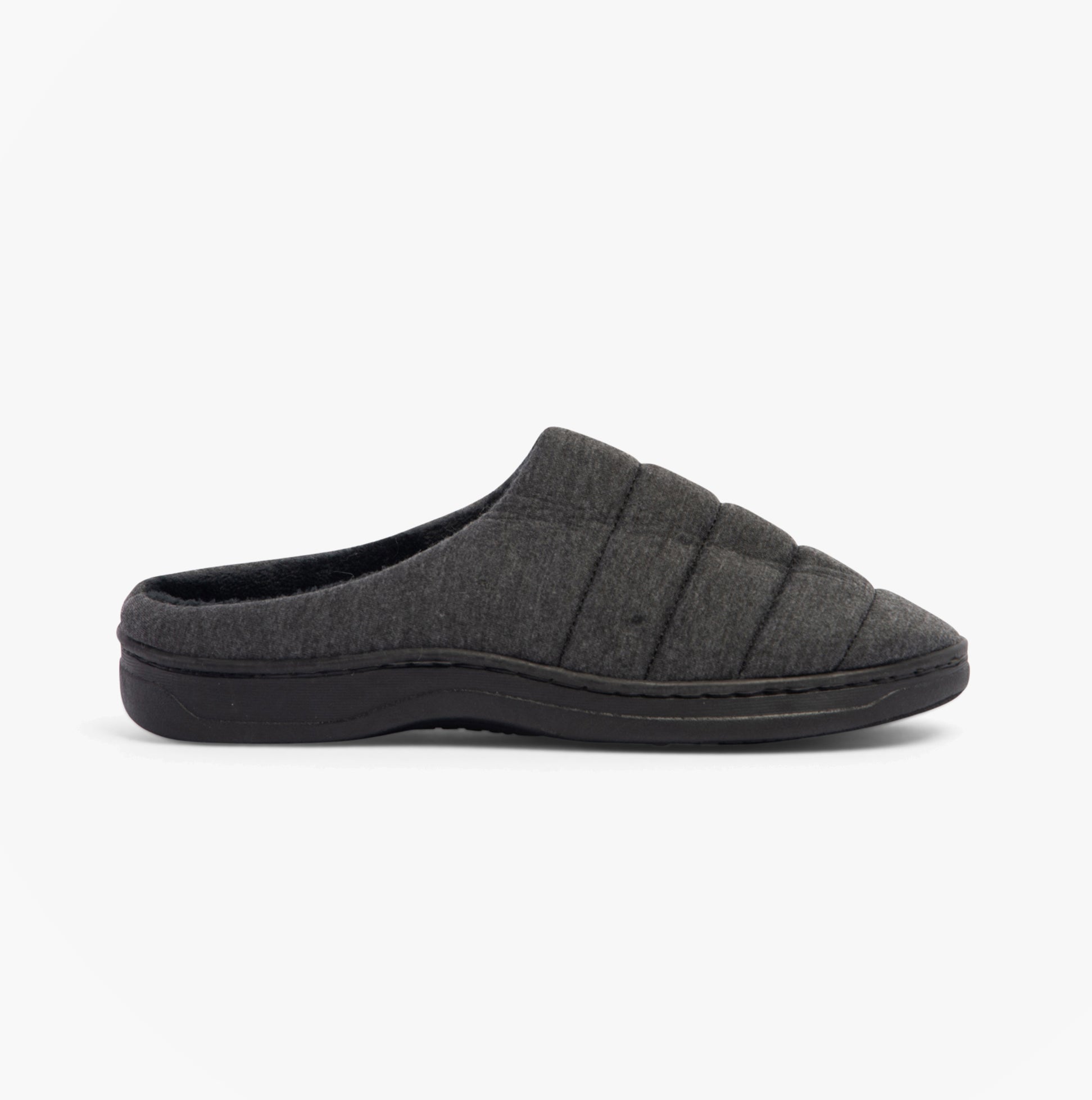 Jo & Joe AINSLEY Mens Slippers Black side view showing textile upper, fleece lining, and rubber sole.