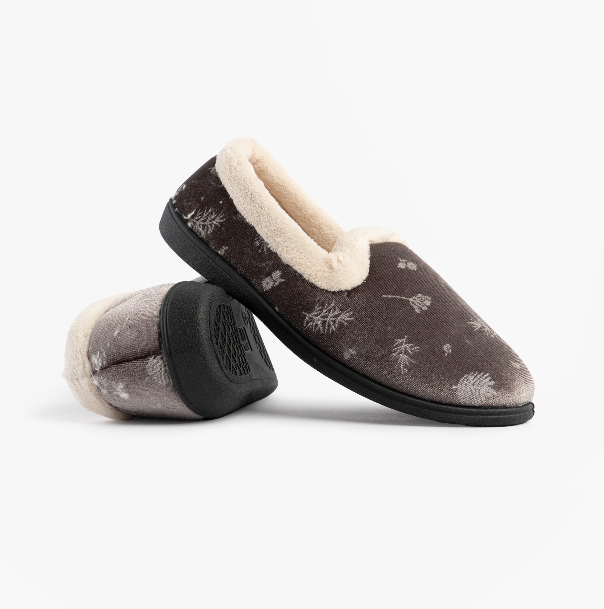 Jo & Joe ANNIE Womens Full Slippers Grey, side view showing textile upper, round toe, and rubber sole.