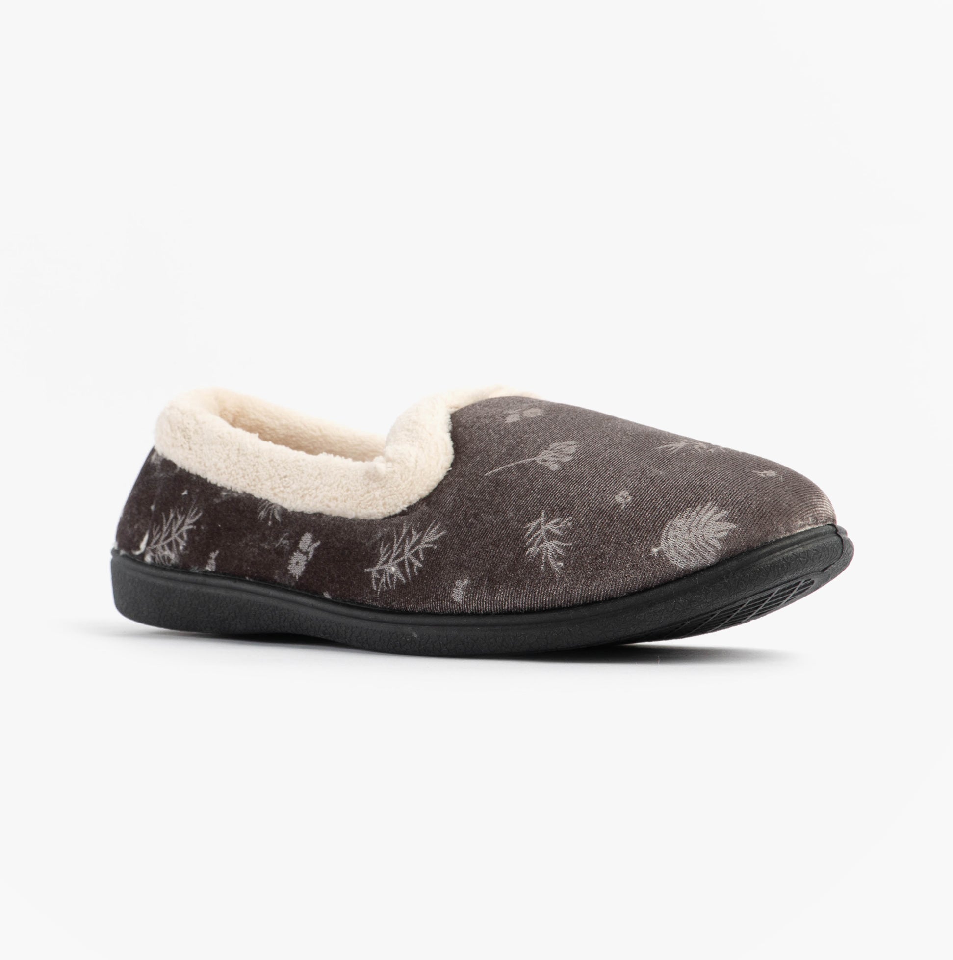 Jo & Joe ANNIE Womens Full Slippers Grey side view showing textile upper, round toe shape and warm lining.