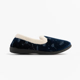 Jo & Joe ANNIE Womens Full Slippers Navy side view showing soft textile upper and cozy lining.