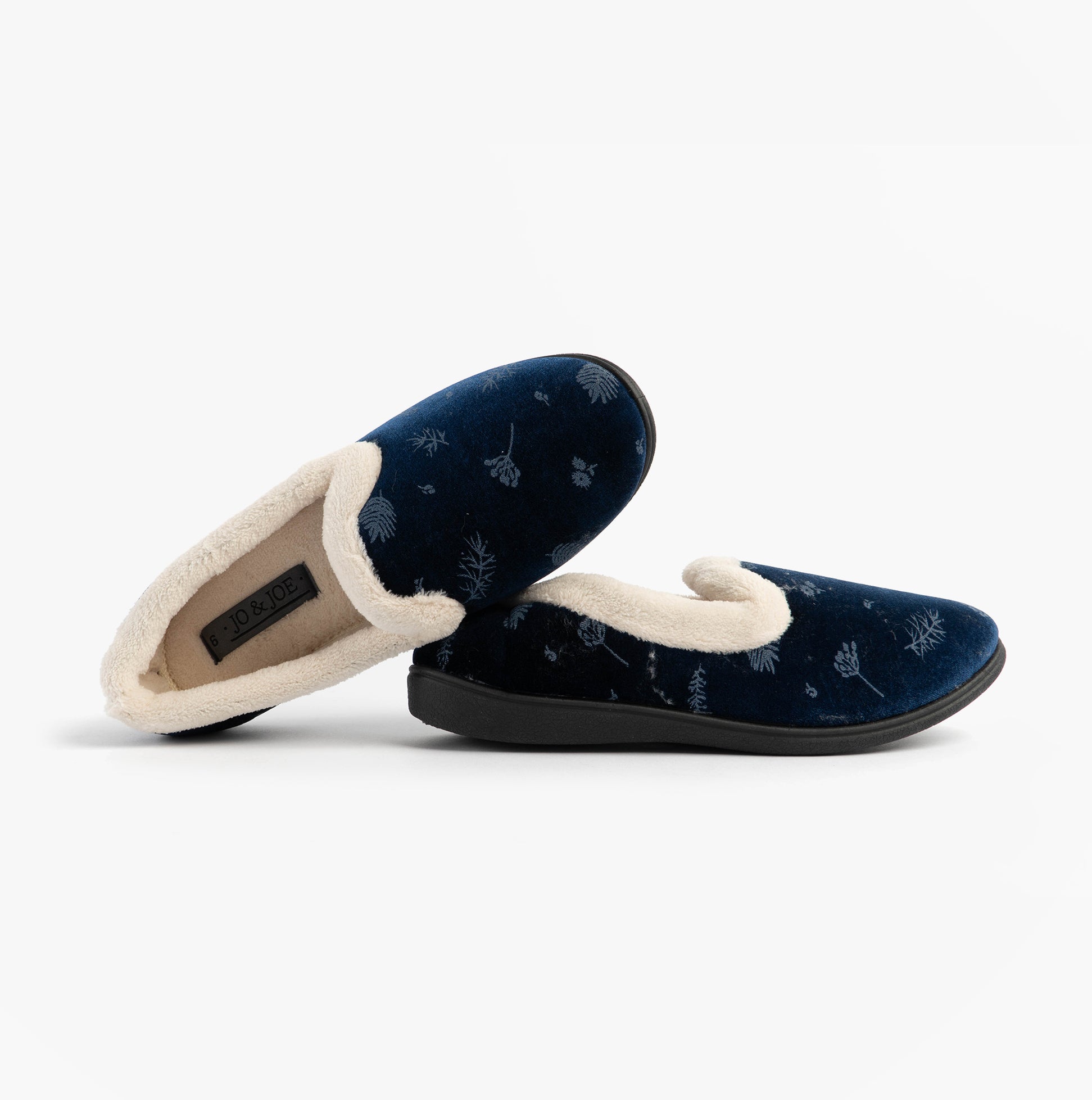 Jo & Joe ANNIE Womens Full Slippers Navy side view detail of soft interior and elegant design