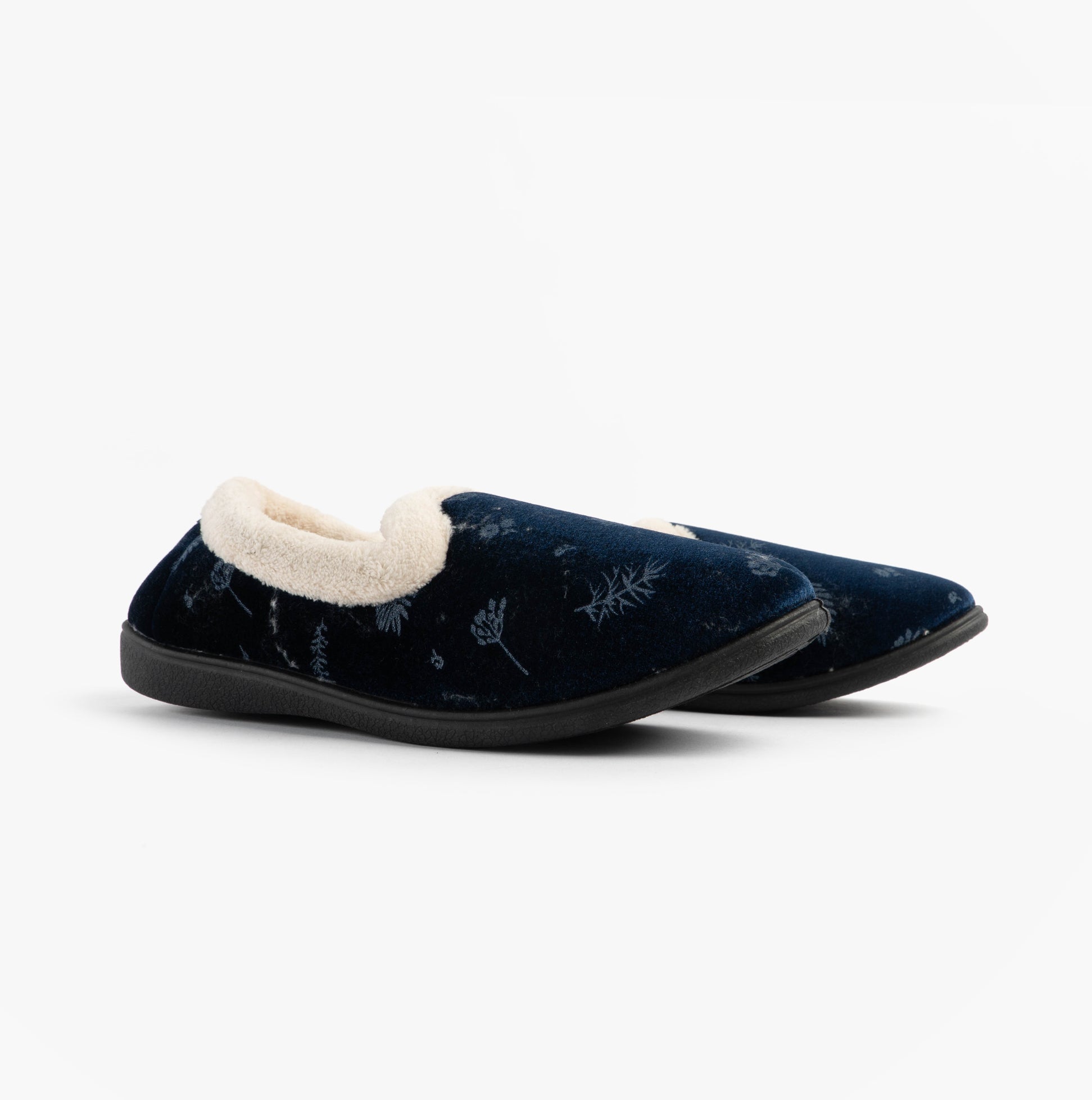 Jo & Joe ANNIE Womens Full Slippers Navy, side view showing textile upper and round toe design.
