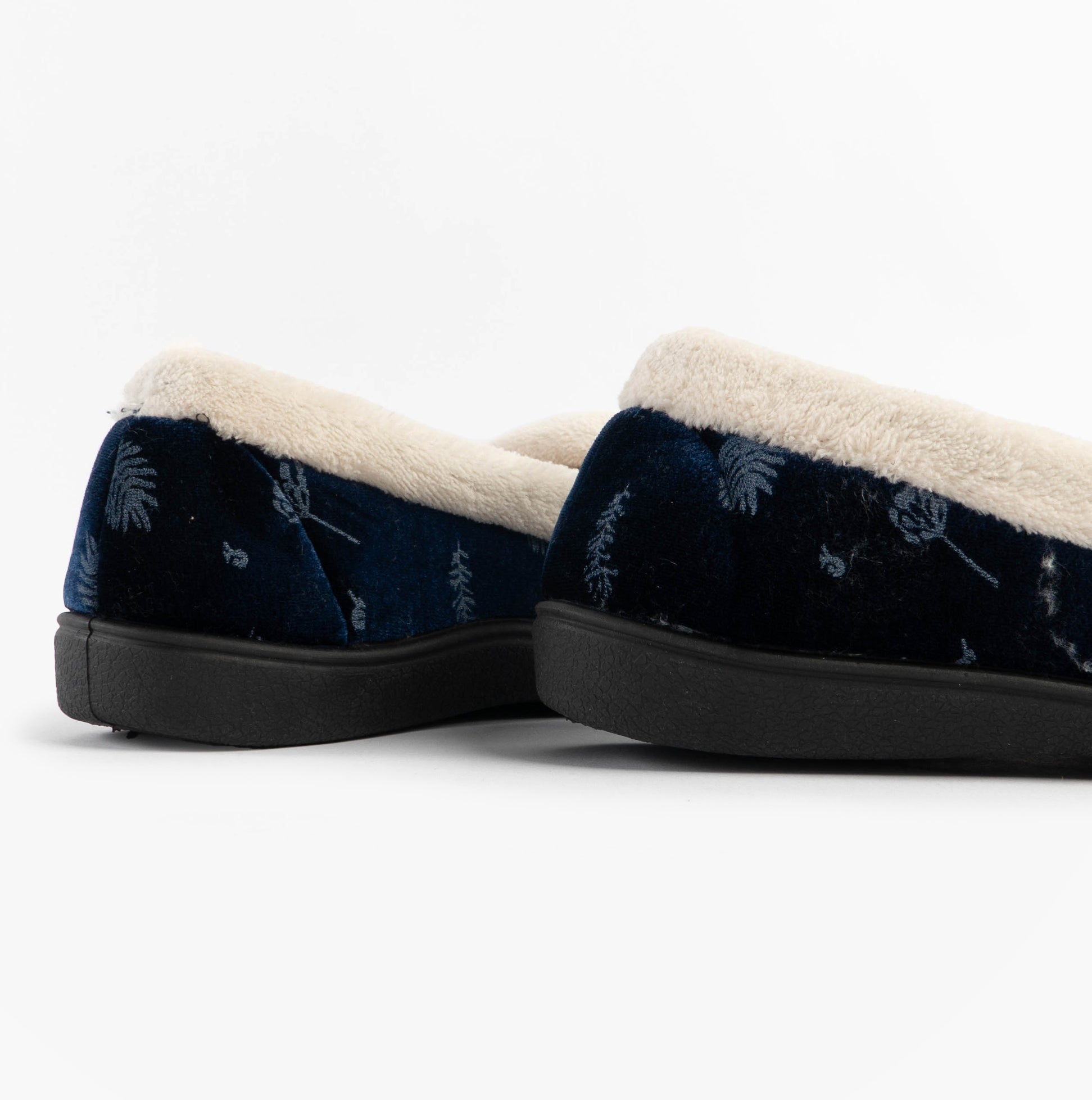 Jo & Joe ANNIE Womens Full Slippers Navy side view showcasing the textile upper and warm lining details.